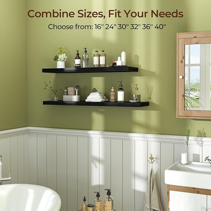 Fun Memories Floating Shelves for Wall 36 Inch Set of 3, Farmhouse Floating Shelves with Invisible Heavy Duty Bracket, 10 Inch Deep Bathroom Shelves for Storage, Living Room, Kitchen, Decor, Black