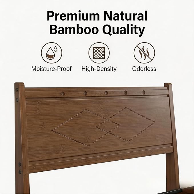 Askeld 14 inch Bamboo Twin XLBed Frame with Headboard, Light Cottagecore Solid Wood Platform Bed No Box Spring Needed, Easy Assembly, Noise Free, Light Walnut Color