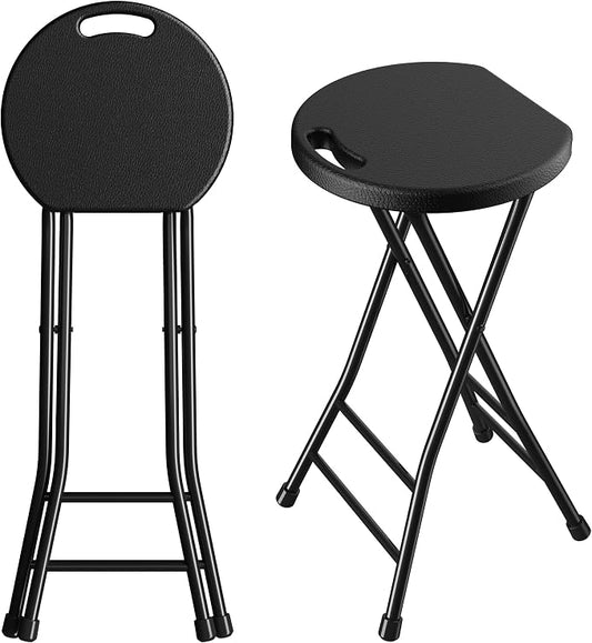 24 Inch Folding Stool Set of 2, Portable Folding Stool with Handle & Non-Slip Feet, Sturdy 440lbs Capacity Folding Bar Stool for Kitchen, Camping, Fishing, Black