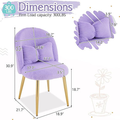 VINGLI Fluffy Girls Vanity Chair with Back & Pillow,Cute Small Cozy Desk Chair No Wheels,Comfy Makeup Ch with Ajustable Gold Legs,for Bedroom,Living Room,Small Space,Purple