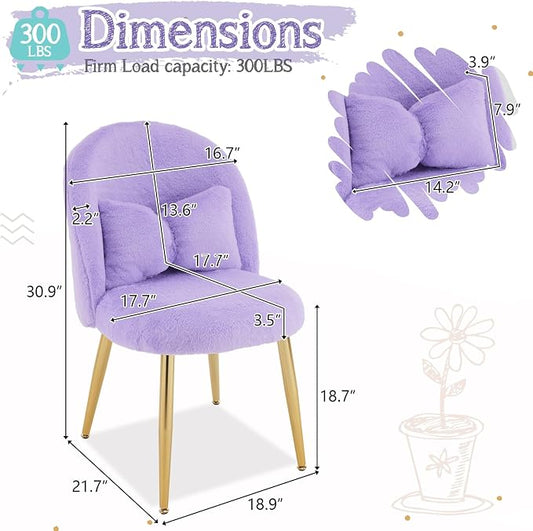 VINGLI Fluffy Girls Vanity Chair with Back & Pillow,Cute Small Cozy Desk Chair No Wheels,Comfy Makeup Ch with Ajustable Gold Legs,for Bedroom,Living Room,Small Space,Purple