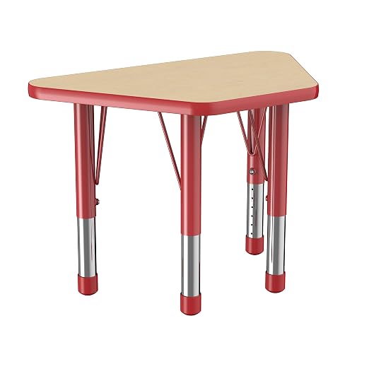 FDP Trapezoid Activity School and Classroom Kids Table (18 x 30 inch), Chunky Toddler Legs for Collaborative Seating Environments, Adjustable Height 15-24 inches - Maple Top and Red Edge