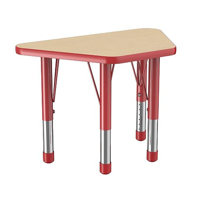 FDP Trapezoid Activity School and Classroom Kids Table (18 x 30 inch), Chunky Toddler Legs for Collaborative Seating Environments, Adjustable Height 15-24 inches - Maple Top and Red Edge