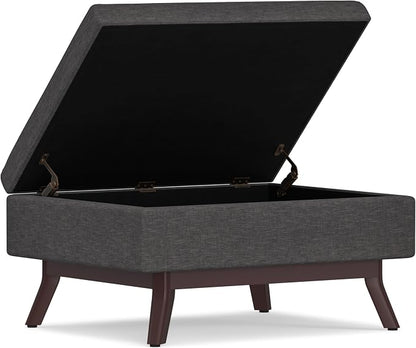 SIMPLIHOME Owen Coffee Table Storage Ottoman - 34" Wide x 19" High Upholstered Linen Look Fabric Rectangular Lift-Top Ottoman in Slate Grey, Mid-Century Modern Bench for Living Room with Tapered Legs