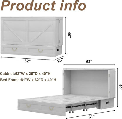 Solid Wood Murphy Bed Cabinet：Queen Size Murphy Bed with USB Charging Station and Large Storage Drawer for Home，Optimize Sleeping Space（Mattress Not Included） White Brown-14