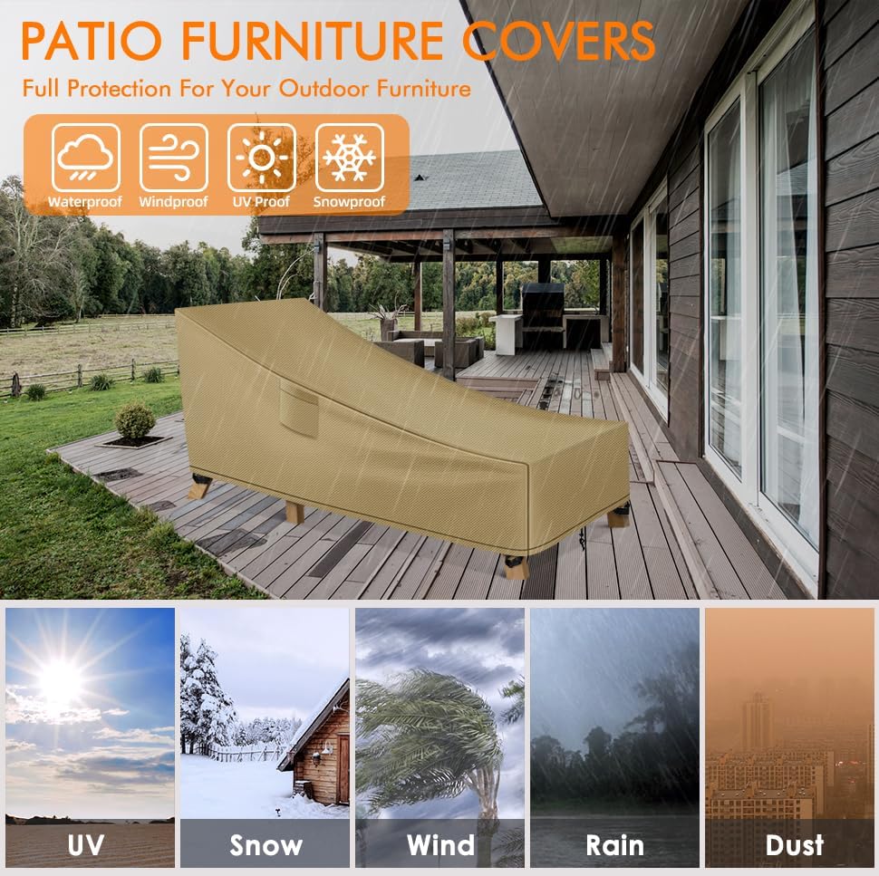 WLEAFJ Patio Chaise Lounge Cover Waterproof, Heavy Duty Outdoor Lounge Chair Covers, Durable Patio Furniture Covers, 78L x 34W x 32H inch - 2 Pack, Khaki