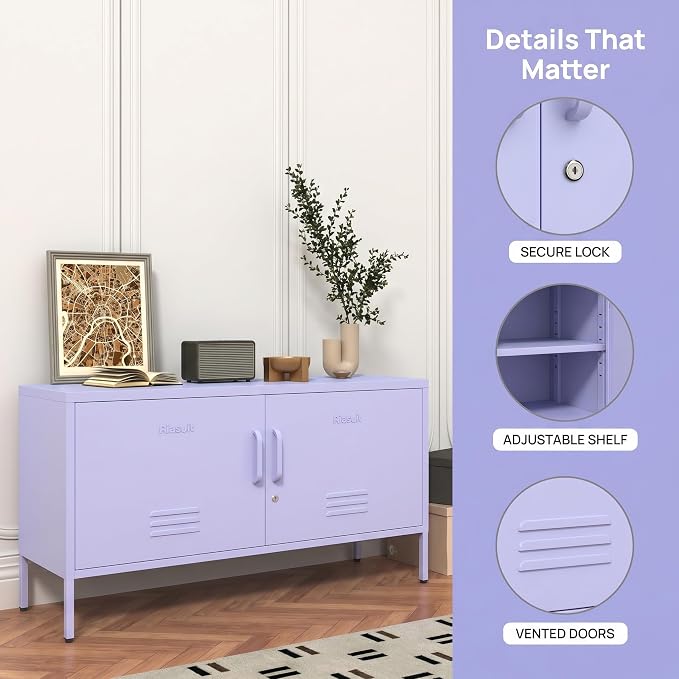 Wide Lockable Metal TV Stand with Accent Cabinet Locker, Heavy Duty Entertainment Center for Bedroom, Adjustable Shelves & 2 Doors, Multifunctional Storage Cabinet for Home 22"H X 35.4"W X 13.8"D