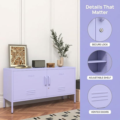 Wide Lockable Metal TV Stand with Accent Cabinet Locker, Heavy Duty Entertainment Center for Bedroom, Adjustable Shelves & 2 Doors, Multifunctional Storage Cabinet for Home 22"H X 35.4"W X 13.8"D