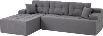 Hobestluk Modular Sectional Sofa Couches L-Shape Couch 3 Seat Modular Sofa Memory Foam Sectional Couches for Living Room, Cloud Couch with Oversized Chaise (Grey Tufted, 96", Left Hand Facing)