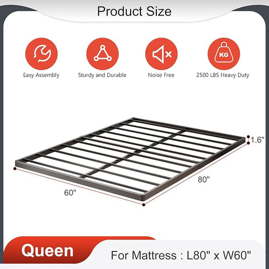 Yicensen 1.6 Inch Bunkie Board Queen Heavy Duty Low Profile Metal Queen Box Spring Bed Base Sturdy Mattress Foundation, Easy Assembly, Noise Free, Black