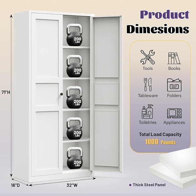 71"Kitchen Pantry Cabinet,White Metal Pantry Cabinet with 2 Doors & 4 Adjustable Shelves,Pantry Cabinets with Gold/Black Handles,Kitchen Cabinet for Dinging Room,Living Room,Assembly Required