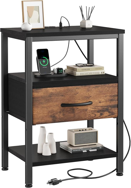 DUMOS Bedside Table with Charging Station and Adjustable Fabric Drawer Compact Nightstand 3-Tier Storage Organizer End Table for Bedroom,Black and Brown