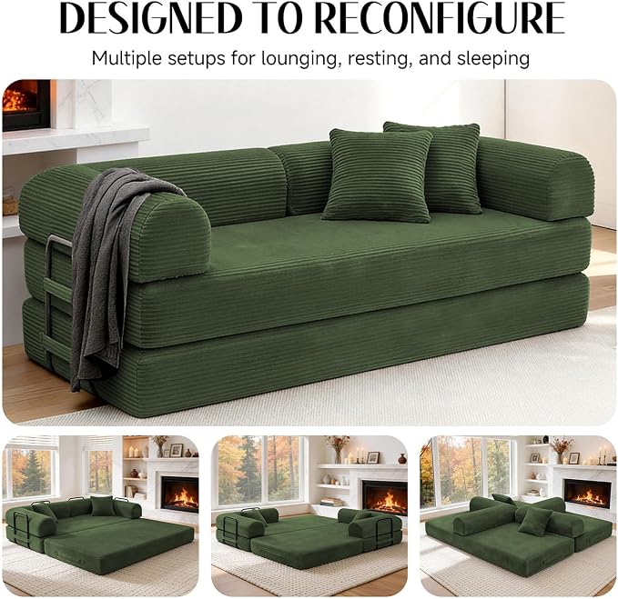 79'' Convertible Sofa Bed, Boneless Couch-in-a-Box, Corduroy Floor Futon Loveseat Sleeper, 26'' Deep Seat, Removable Machine-Wash Covers, No Assembly, 2 Pillows, Forest Green