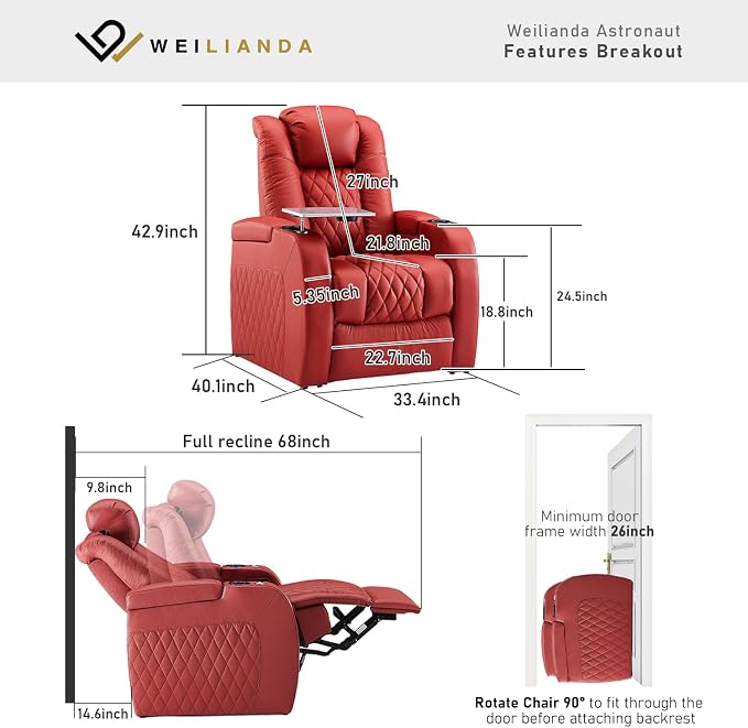 Weilianda Home Theater Seating Top Grain Leather Zero Gravity Recliner Chair Power Headrest Recline Movie Seat Gaming 7 Colors Mood Light Sofa with Tray Table USB Charge Row of 1 Red