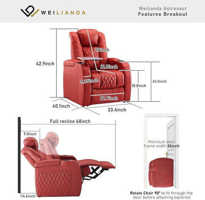 Weilianda Home Theater Seating Top Grain Leather Zero Gravity Recliner Chair Power Headrest Recline Movie Seat Gaming 7 Colors Mood Light Sofa with Tray Table USB Charge Row of 1 Red