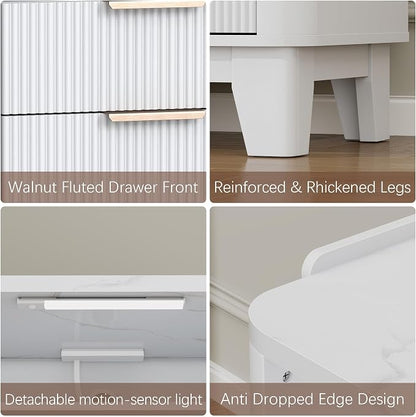Baoz White Fluted Nightstand with Charging Station & 2 Drawers for Bedroom | 20" Wide Mid Century Modern Bedside Table Wood Faux Marble Top Curved Profile Design 27in Tall LED Night Stand