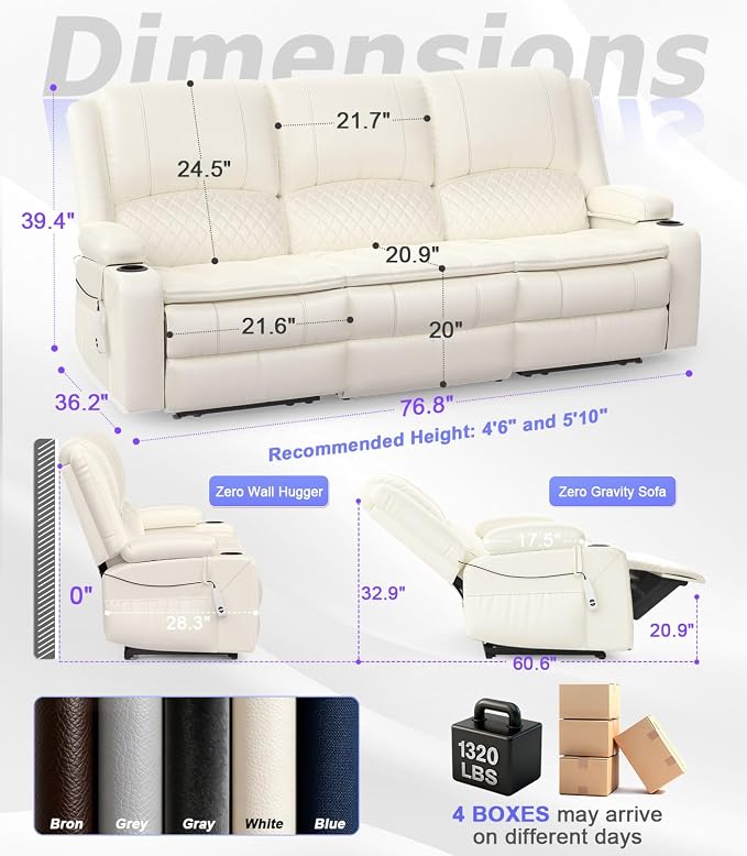 Power Loveseat Recliner Sofa, Removable Armrest 3 Seats Power Reclining Loveseat with Remote Liftable Console, Wall Hugger RV Theater Seating with Storage & USB & RGB (PU, White)
