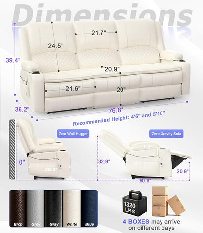 Power Loveseat Recliner Sofa, Removable Armrest 3 Seats Power Reclining Loveseat with Remote Liftable Console, Wall Hugger RV Theater Seating with Storage & USB & RGB (PU, White)