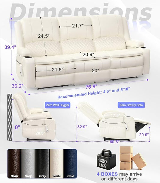 Power Loveseat Recliner Sofa, Removable Armrest 3 Seats Power Reclining Loveseat with Remote Liftable Console, Wall Hugger RV Theater Seating with Storage & USB & RGB (PU, White)