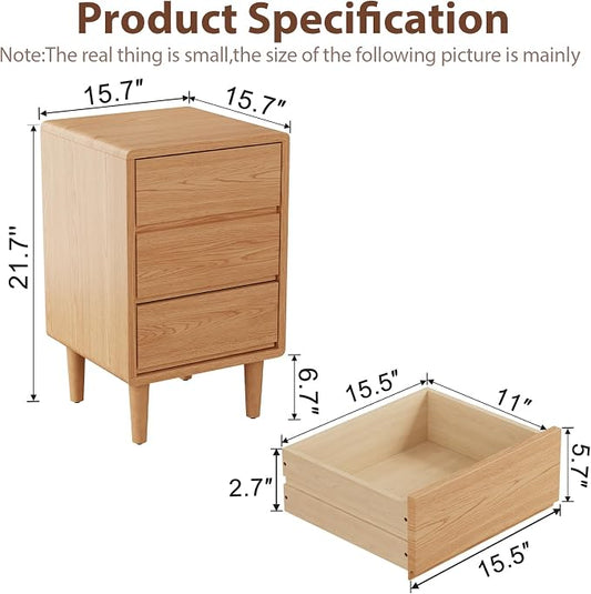 Tall Nightstand Natural Night Stand with 3 Drawers Mid Century Modern Nightstand with Storage,Solid Wood Night Stand,Small Bedside Table for Bedroom,Living Room,Office,Natural Bedside Table