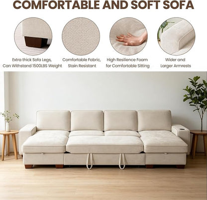 129" Convertible Sleeper Sofa Bed,L Shaped with Storage Chaise Pull Out Couch for Living Room,USB and Type-C,Removable Washable Chenille Covers (Beige)