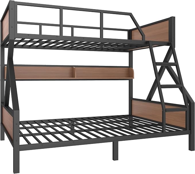 Bellemave Bunk Bed Full XL Over Queen with LED, Heavy Duty Metal Bunk BedFrame with Storage Shelves and Lights, Woodgrain+Black