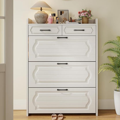 Shoe Cabinet Storage for Entryway with 3 Large Flip Drawers & 2 Storage Drawers, Narrow Shoe Organizer Cabinet Fits for Kinds of Shoes, Slim Shoe Storage Cabinet for Entryway, Hallway, White