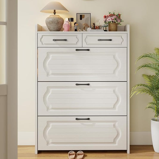 Shoe Cabinet Storage for Entryway with 3 Large Flip Drawers & 2 Storage Drawers, Narrow Shoe Organizer Cabinet Fits for Kinds of Shoes, Slim Shoe Storage Cabinet for Entryway, Hallway, White