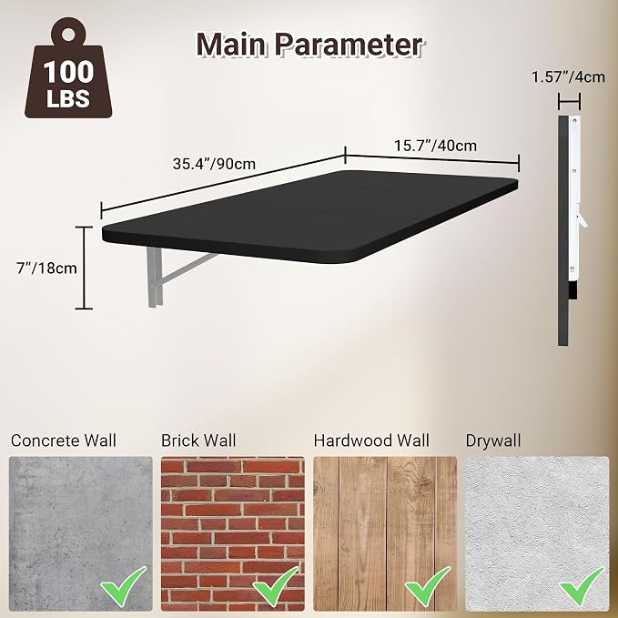 Neoaider Wall Mounted Folding Desk 35.4” x 15.7”, Black | Drop Down Table with Metal Collapsible Brackets, Folding Wall Table for Small Spaces, Home, Office, Kitchen, Laundry Room