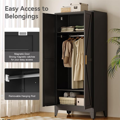 COFaR Metal Wardrobe Cabinet, 71" Farmhouse Storage Cabinet with Hanging Rod, 2 Barn Door, 2 Adjustable Shelves and Legs, for Bedroom, Laundry Room, Cloak Room, Gym, Office, School (Black)