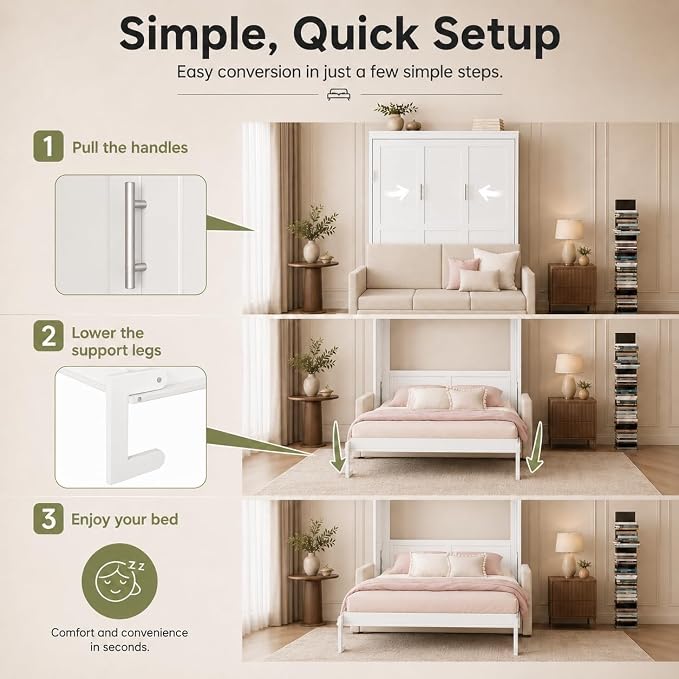 Queen Murphy Bed with Couch, Space Saving Wall Bed Cabinet Bed with Sofa and Storage, Folding Wall Bed with Dual Piston Metal Mechanism, Hide Away Bed for Studio, Small Apartment, Guest Room(White 4)