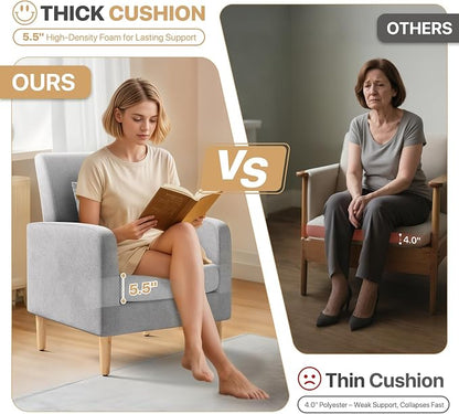 Magshion Mid-Century Accent Chair for Living Room, Comfy Reading Chair for Bedroom, Upholstered Linen Fabric Armchair Single Sofa with Back Pillow & Wood Legs, 300 lbs Capacity, Gray