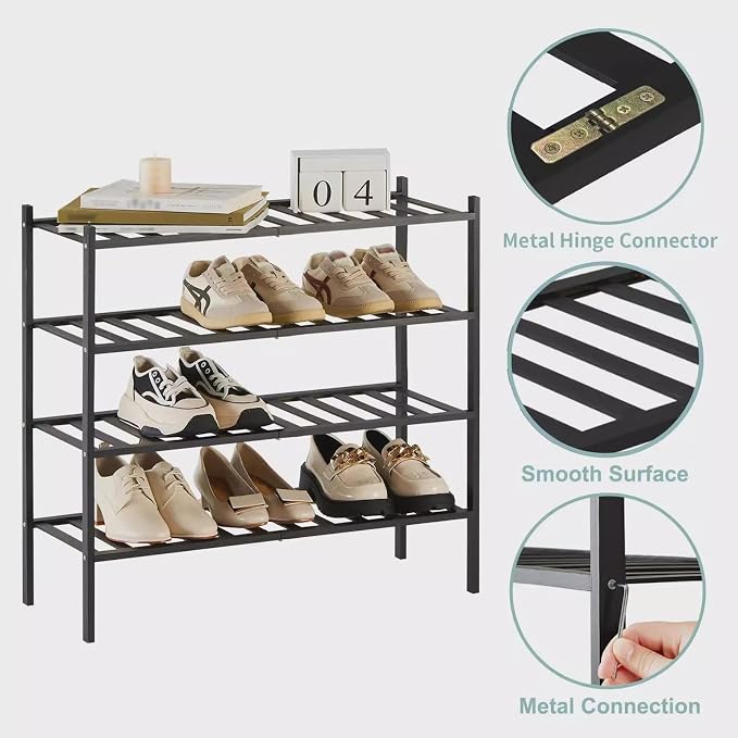 Shoe Rack Multi Tier Storage Organizer Wide Metal Shoe Shelf for Closet Entryway, Bamboo Stackable Multi-Layer Shelf Doorway Simple Folding Shoe Rack