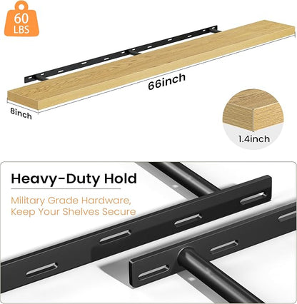 Fun Memories 66 Inch Floating Shelves - Fireplace Mantel Shelf - Deep Wall Mounted Wood Storage Shelf for Bedroom, Kitchen, Farmhouse - 2 Pack, Oak
