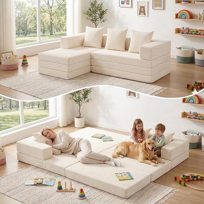 65" Boneless Couch,Convertible Sleeper Sofa Bed, Modular Sectional Sofa, Modern Tri-Folding Cloud Couch with L-Shape Chaise, Corduroy Futon Couches for Small Spaces Apartment,No Assembly