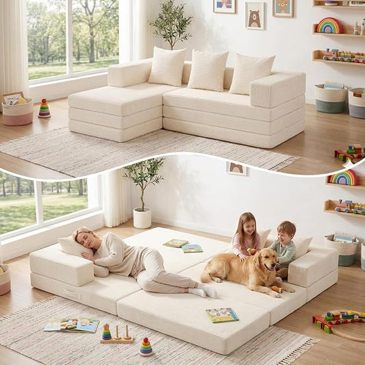 65" Boneless Couch,Convertible Sleeper Sofa Bed, Modular Sectional Sofa, Modern Tri-Folding Cloud Couch with L-Shape Chaise, Corduroy Futon Couches for Small Spaces Apartment,No Assembly