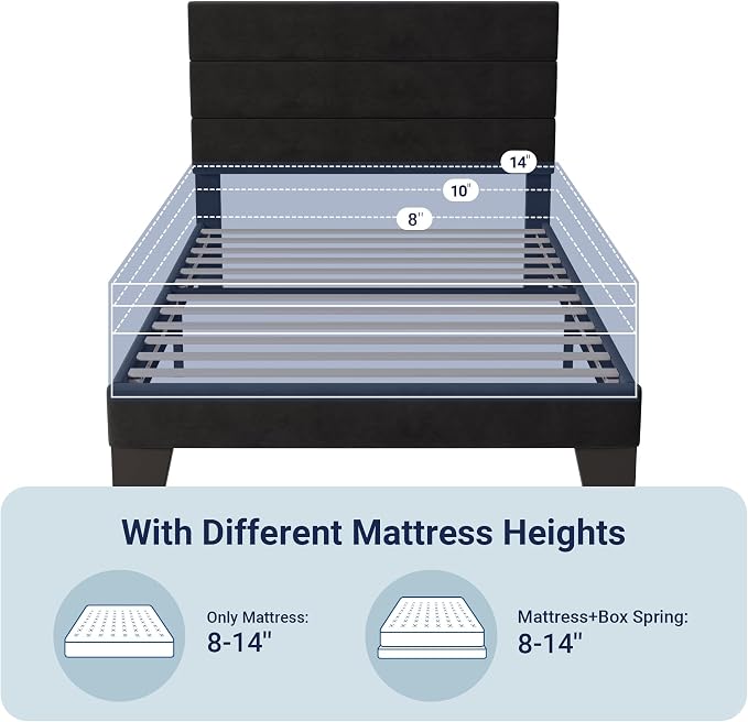 Allewie Twin Size Platform Bed Frame with Velvet Upholstered Headboard and Wooden Slats Support, Fully Upholstered Mattress Foundation/No Box Spring Needed/Easy Assembly, Black