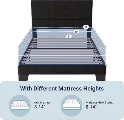 Allewie Twin Size Platform Bed Frame with Velvet Upholstered Headboard and Wooden Slats Support, Fully Upholstered Mattress Foundation/No Box Spring Needed/Easy Assembly, Black