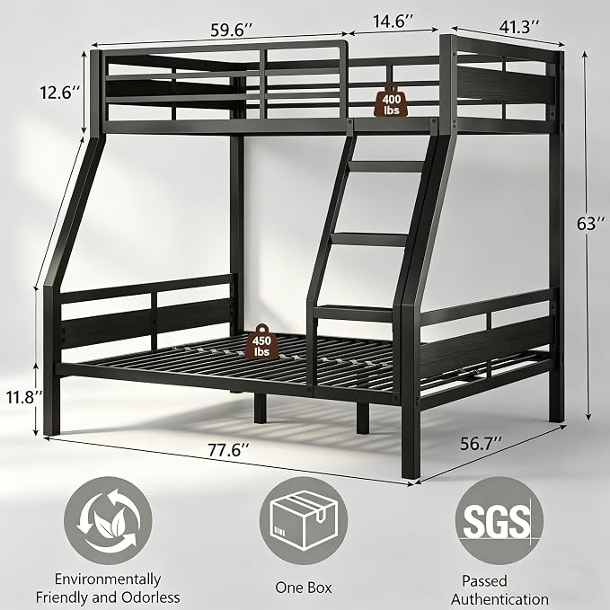 Bunk Bed Twin Over Full, Heavy Duty Metal Bunkbeds with Full-Length Guardrail, Space-Saving Steel Bed for Kids & Adults, No Box Spring Required, Black