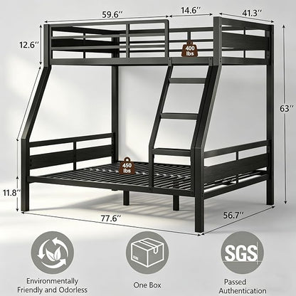 Bunk Bed Twin Over Full, Heavy Duty Metal Bunkbeds with Full-Length Guardrail, Space-Saving Steel Bed for Kids & Adults, No Box Spring Required, Black