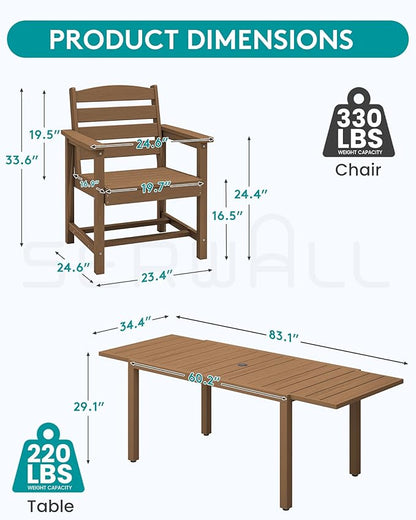 SERWALL 60" - 83" Expandable Outdoor Dining Table and 6 HDPE Chairs, Brown | Outdoor Dining Set for 6, All Weather Aluminum and HDPE Outdoor Furniture Set, Extendable Patio Dining Table