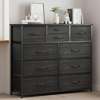 LUMTOK 10-Drawer Dresser, Fabric Storage Tower with Drawers for Bedroom, Dresser Drawer with Handle for Bedroom, Living Room, Hallway, Closets & Nurseryteel Frame, Wood Top (Black Wood Veins)