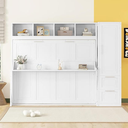 Virubi Queen Murphy Bed with Storage Shelves,Drawers and Wardrobe Closet,Wood Folding Murphy Wall Bed Cabinet (White)
