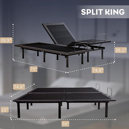 Dyonery Split King Adjustable Bed Frame with 14 inch Gel Memory Foam Mattress, CertiPUR-US Certified Fiberglass Free, Zero Gravity & Wireless Remote, Head & Foot Incline, 80"×76"