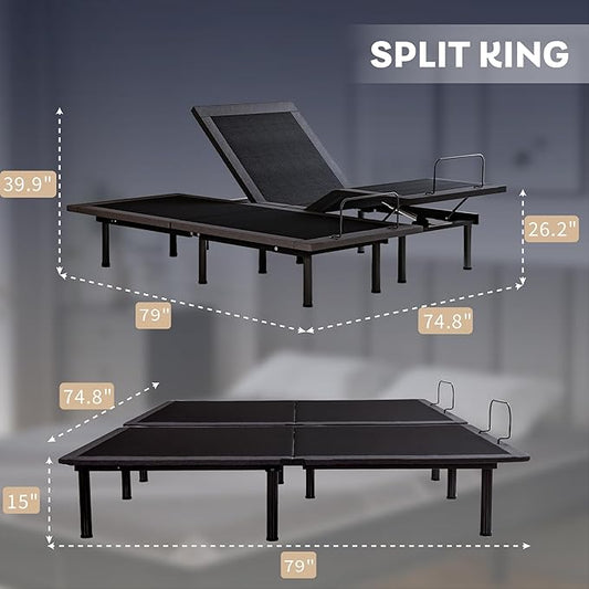 Dyonery Split King Adjustable Bed Frame with 14 inch Gel Memory Foam Mattress, CertiPUR-US Certified Fiberglass Free, Zero Gravity & Wireless Remote, Head & Foot Incline, 80"×76"