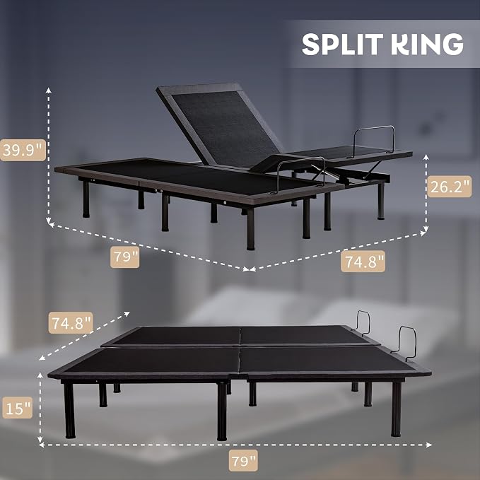 Dyonery Split King Adjustable Bed Frame with 10 inch Gel Memory Foam Mattress, CertiPUR-US Certified Fiberglass Free, Zero Gravity & Wireless Remote, Head & Foot Incline, 80"×76"