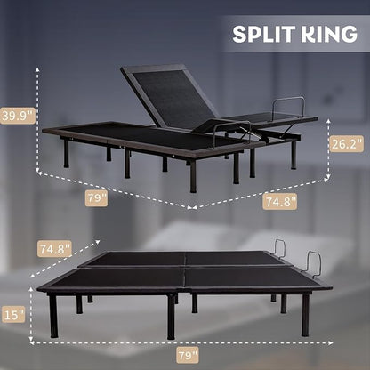 Dyonery Split King Adjustable Bed Frame with 10 inch Gel Memory Foam Mattress, CertiPUR-US Certified Fiberglass Free, Zero Gravity & Wireless Remote, Head & Foot Incline, 80"×76"