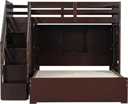 RUNNA Twin Over Full Bunk Bed with Storage Stairs, USB, Light Espresso | Twin over full bunk bed with storage stairs,USB charging station,light,solid wood,guardrails,no box spring needed Espresso