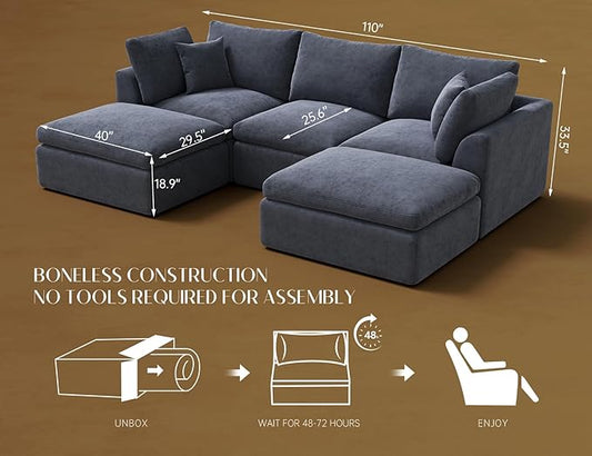 ohllob 110" Cloud Sectional Couches for Living Room, Boneless U Shaped Couch with Ottoman, 3 Seater Modular Sectional Sofa, Dark Grey