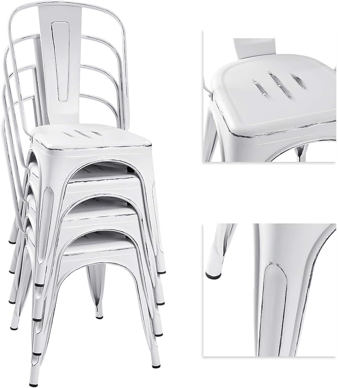 Devoko Metal Indoor-Outdoor Chairs Distressed Style Kitchen Dining Chairs Stackable Side Chair with Back Set of 4 (White)